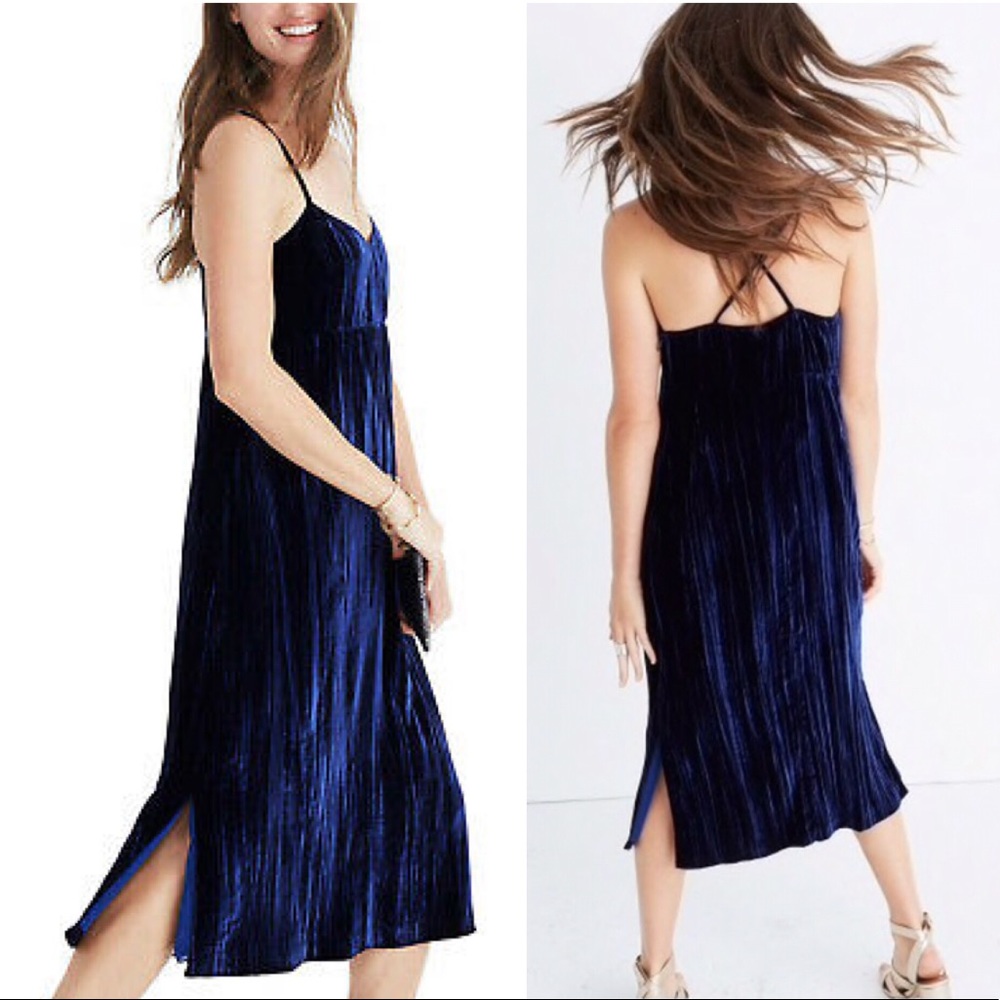 Small Madewell crushed velvet slip midi dress navy blue